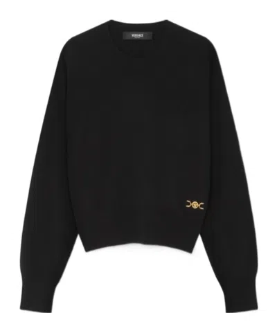 Versace Knitted Short Wide Wool Pullover In Black