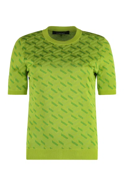 Versace Knitted Silk-blend T-shirt In Green