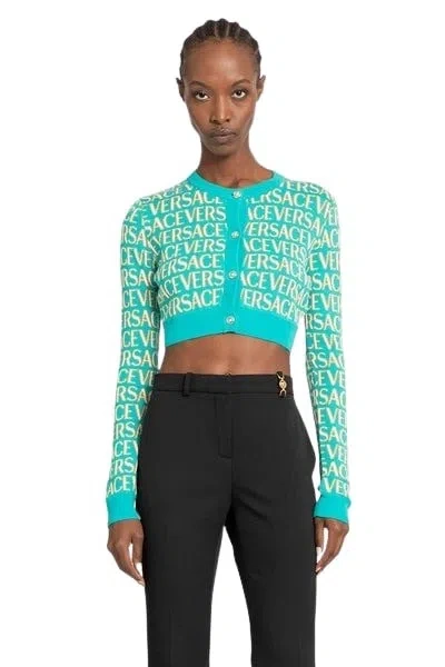 Versace Knti Cardigan Sweater In Blue