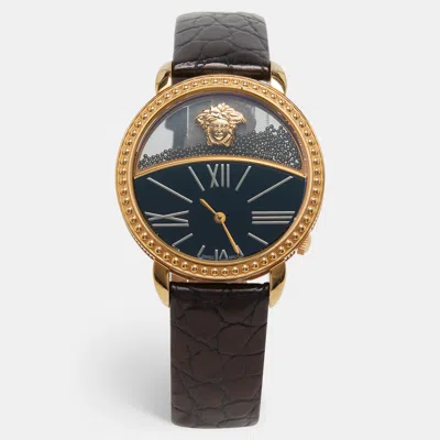 Pre-owned Versace Krios 93q Black Dial Gold Plated Stainless Steel Alligator Leather Gold Tone Stainless Steel Women's