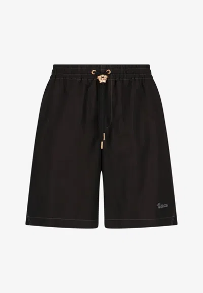Versace La Colonna Embroidered Drawstring Shorts In Black