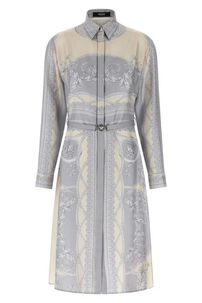 Versace Printed Silk Shirt Dress In Blue
