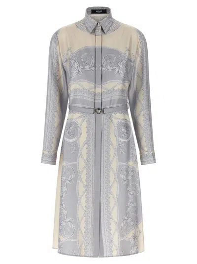 Versace Printed Silk Shirt Dress In Blue