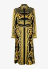 Versace Belted Printed Silk-twill Midi Shirt Dress In Black