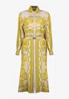 Versace Baroque Coupe De Deaux Silk Long-sleeve Belted Midi Shirtdress In White
