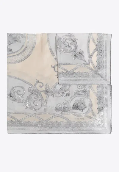 Versace La Coupe Des Dieux Print Silk Scarf In Silver