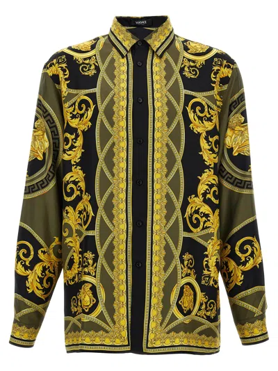 Versace Black And Yellow Shirt With Barocco Print In Silk Man In Multicolor