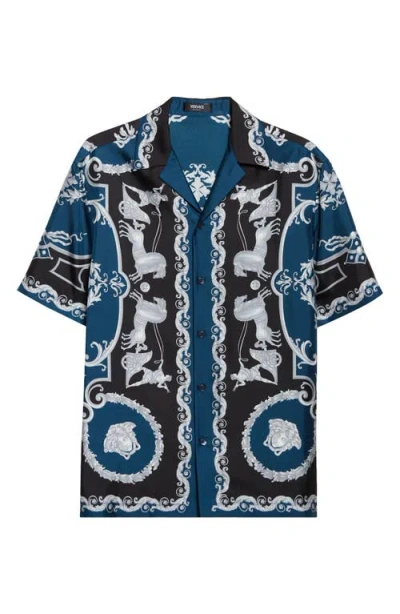 Versace Camp-collar Printed Silk-twill Shirt In Blue