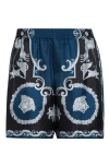 Versace Baroque-printed Silk-nylon Shorts With Elastic Waistband In Blue