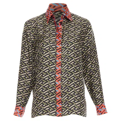 Versace La Greca 100% Silk Green Red Geometric Print Logo Shirt It36 Xxs