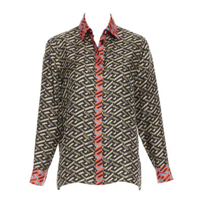 Pre-owned Versace La Greca 100% Silk Green Red Geometric Print Logo Shirt It36 Xxs