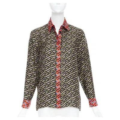 Pre-owned Versace La Greca 100% Silk Green Red Geometric Print Logo Shirt It36 Xxs