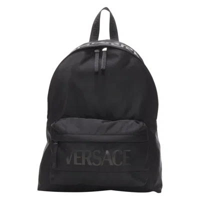Pre-owned Versace La Greca 90's Logo Black Nylon Backpack Bag