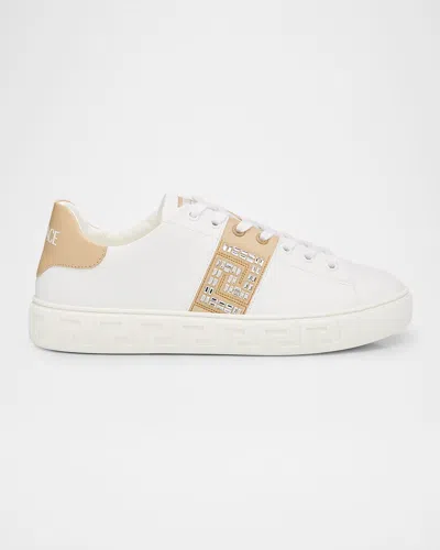 Versace La Greca Crystal Low-top Sneakers In White Nude