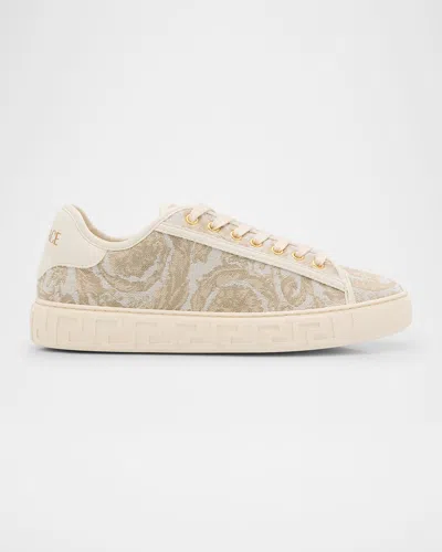Versace La Greca Embroidered Low-top Sneakers In 2kg1c Beige-off White