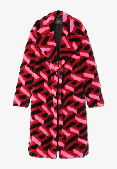 Versace La Greca Faux Fur Below-the-knee Coat In Multi