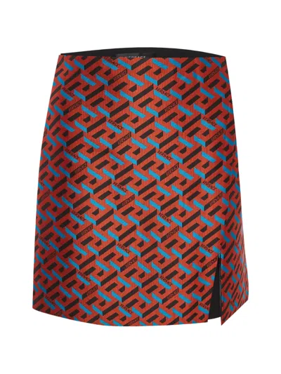 Pre-owned Versace La Greca Jacquard Mini Skirt In Orange