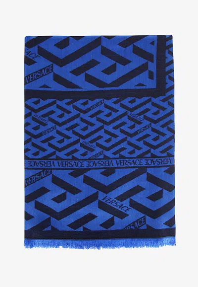 Versace Greca Pattern Silk Scarf In Blue