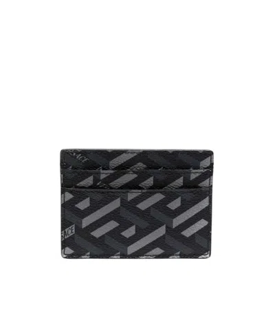 Versace La Greca Leather Cardholder In Black