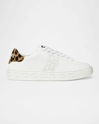 Versace La Greca Leopard Barocco Sneakers In Whitebrown Spotted