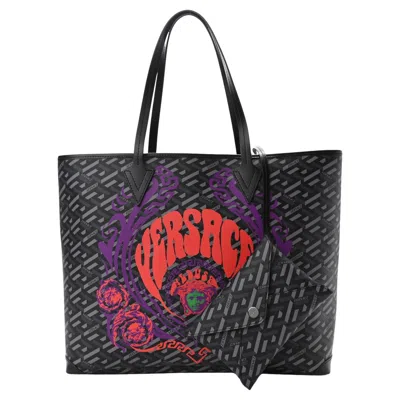 Pre-owned Versace La Greca Monogram Large Grey Tote Bag With Medusa Print In Gray