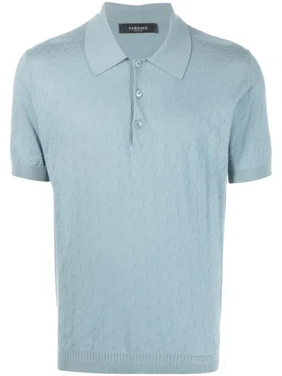 Versace Men's La Greca Silk & Cotton-blend Polo Shirt In Light Blue