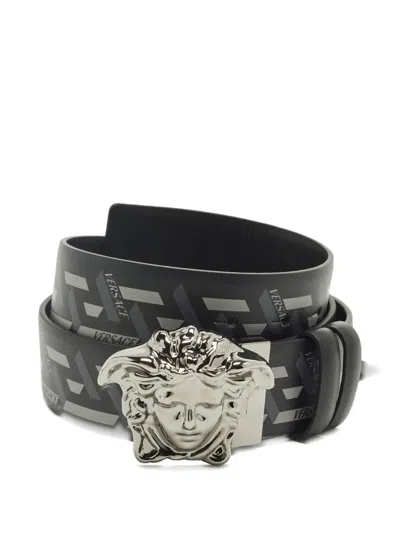 Pre-owned Versace La-greca-print Belt In Black