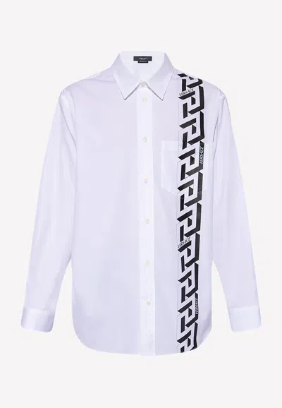Versace La Greca Print Long-sleeved Shirt In White