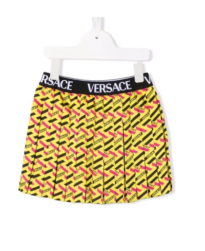 Versace La Greca Print Pleated Skirt In Yellow