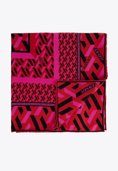 Versace La Greca Print Silk Scarf In Pink
