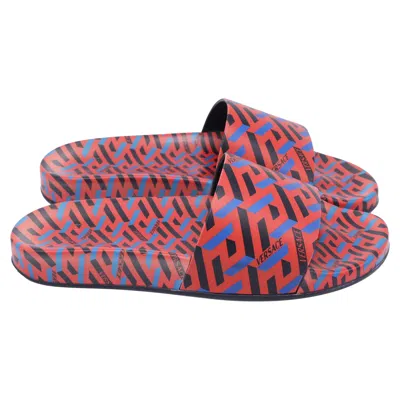 Versace La Greca Print Slide Sandals In Multicolor Polyurethane