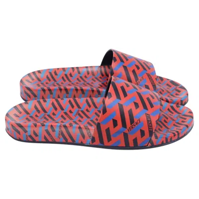 Pre-owned Versace La Greca Print Slide Sandals In Multicolor Polyurethane In Pink