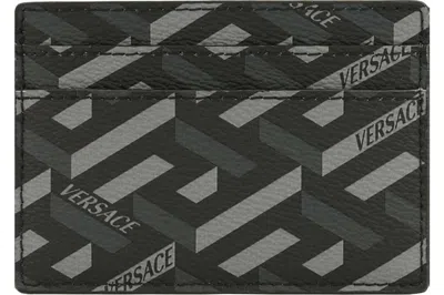Pre-owned Versace La Greca Signature Card Case Black/grey