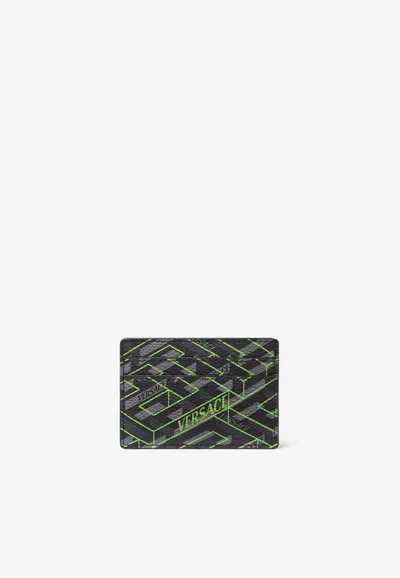 Versace La Greca Signature Leather Cardholder In Gray
