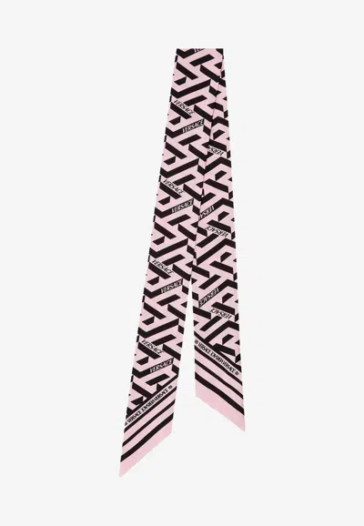 Versace La Greca Silk Twill Scarf Tie In Pink