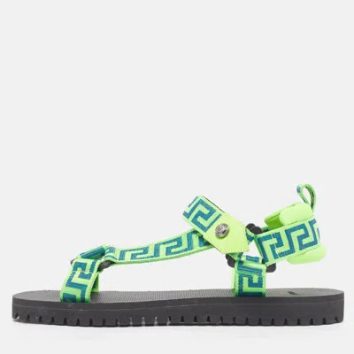 Pre-owned Versace La Greca Size 41 Neon Green Canvas And Fabric Ankle Strap Sandals