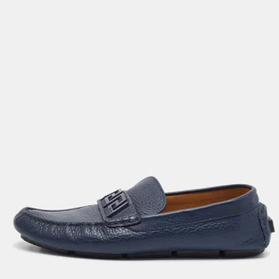 Pre-owned Versace La Greca Size 44 Navy Blue Leather Slip On Loafers