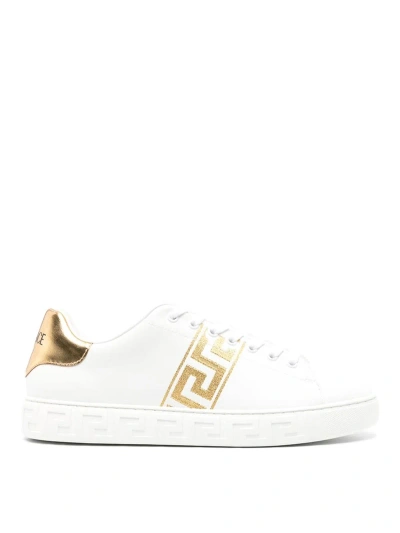 Versace Leather Sneakers With Embroidered La Greca Motif In White