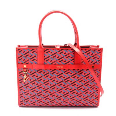 Versace La Greca Tote Bag Pvc Coated Canvas Leather In Red
