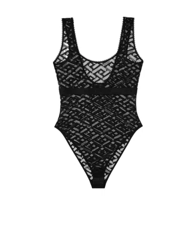Versace La Greca Tulle Bodysuit In Black