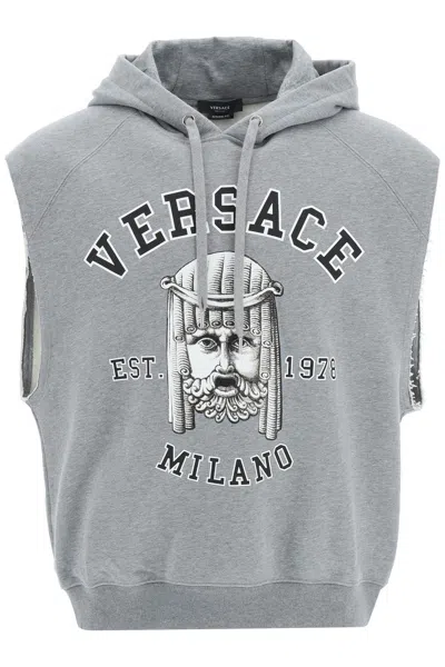 Versace Logo Printed Sleeveless Hooded Vest In Grey