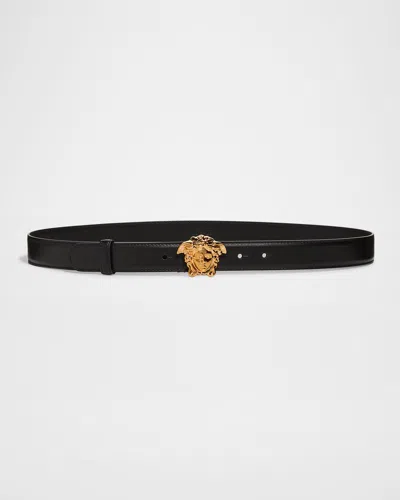 Versace La Medusa 20mm Leather Belt, Black In Black / Gold