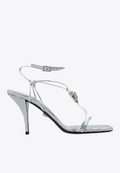 Versace La Medusa 85 Metallic-leather Sandals In Silver