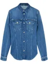 Versace Women Denim Shirt With Frayed Edges In Blue