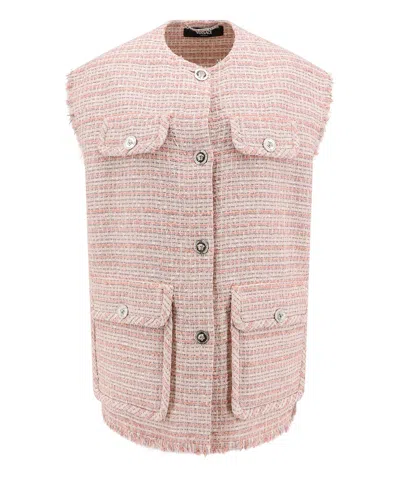 Versace Cotton Tweed Vest With Fringe Detail In Pink