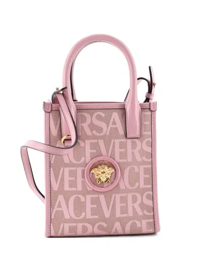 Pre-owned Versace La Medusa All Over Logo Canvas Mini Tote Bag In Pink