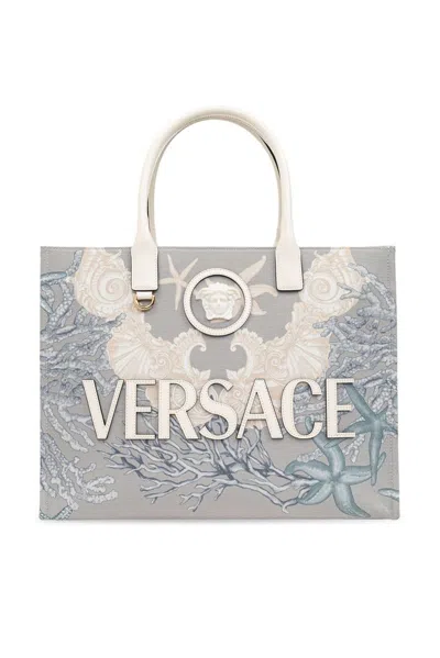 Versace La Medusa Barocco Sea Canvas Tote Bag In Blue+print