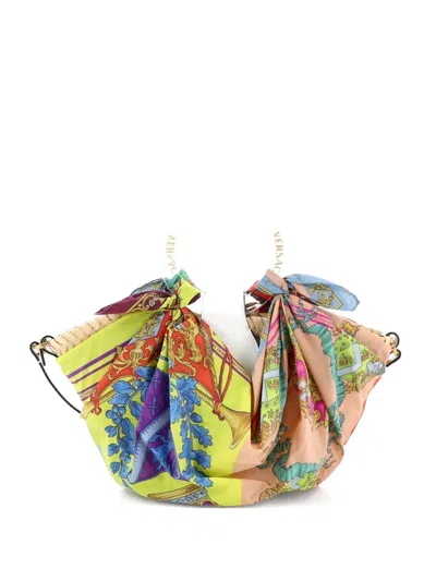 Pre-owned Versace La Medusa Basket Bag Woven Straw And Printed Satin Small Bucket Bag In Multi