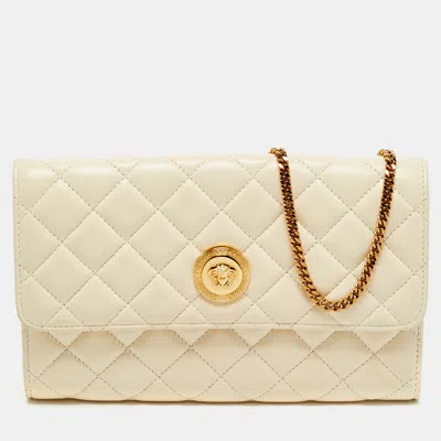 Pre-owned Versace La Medusa Beige Quilted Leather Chain Clutch In Sand
