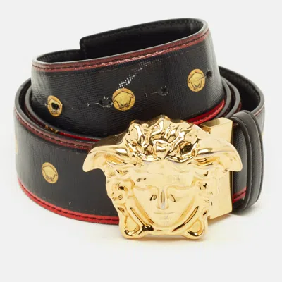 Pre-owned Versace La Medusa Belt Black/red Printed Leather
